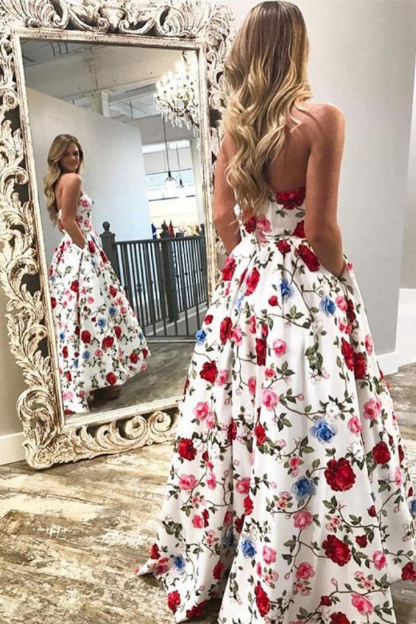 Ball Gown Strapless White Floral Print ...